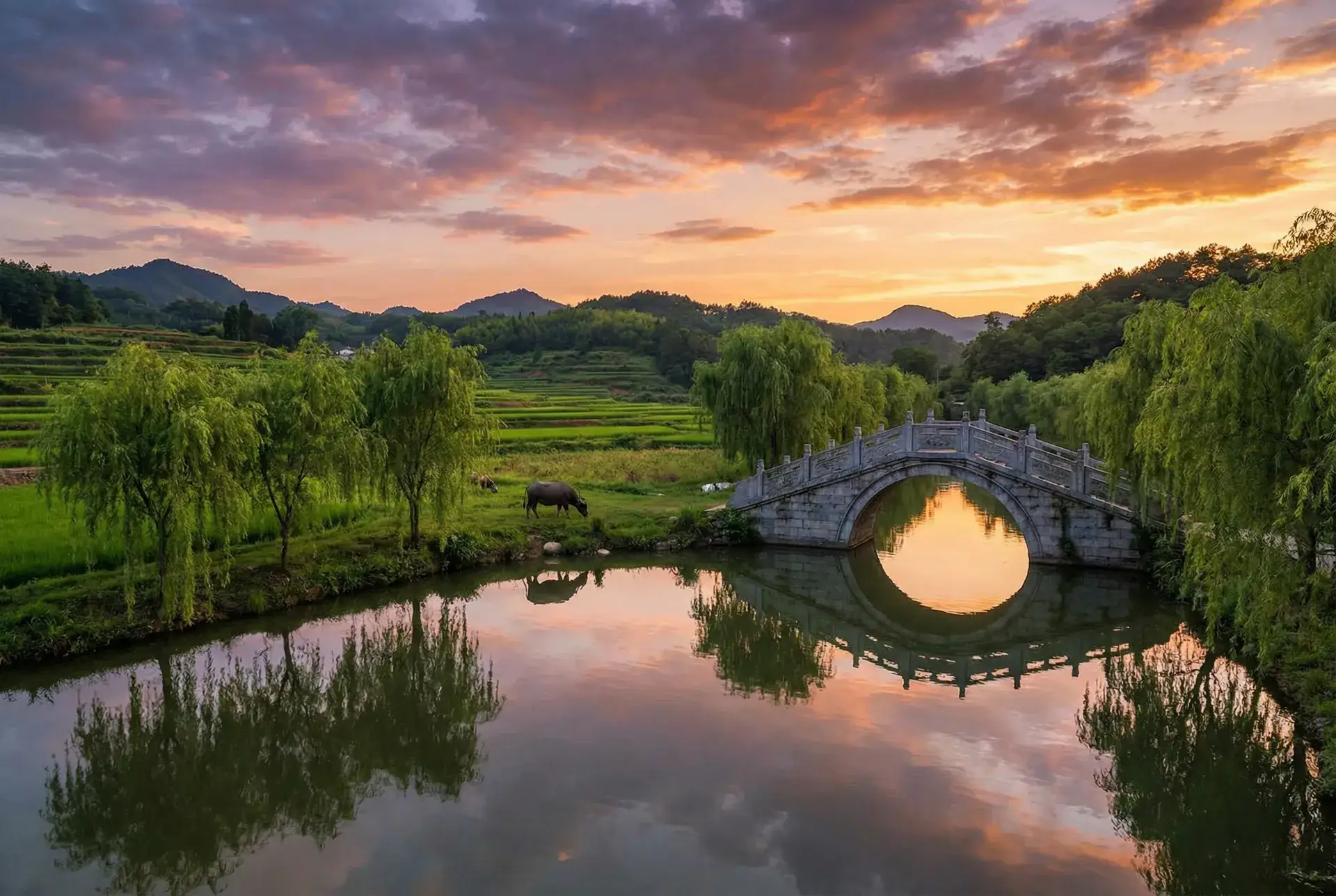 夕阳下的石拱桥与垂柳，水牛在河边吃草 - 动漫内衣办公室 乡村美景
